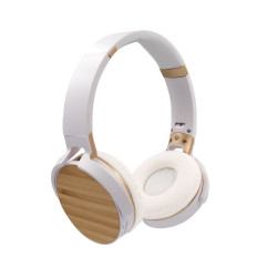 Składane bezprzewodowe słuchawki nauszne, bambusowe elementy biały reklamowy z nadrukiem