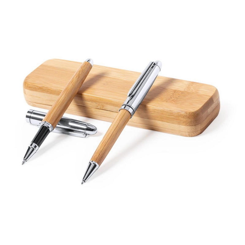 Bambusowy zestaw piśmienny, długopis i pióro kulkowe odzież reklamowa z nadrukiem logo